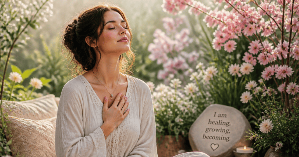 A woman sits peacefully outdoors with her eyes closed and a hand over her heart, embodying the deep shift in perspective that comes with personal healing.