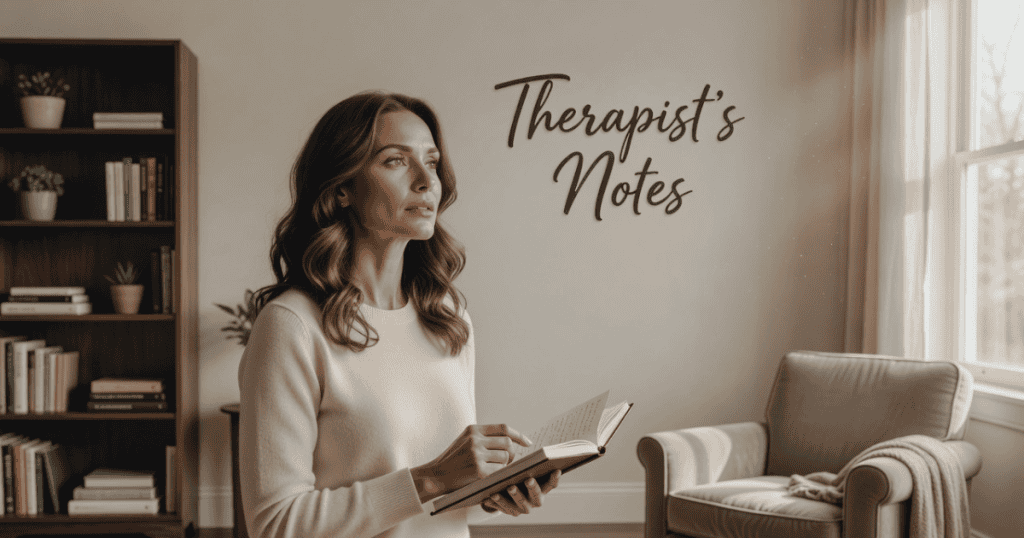 A woman holds a notebook and looks toward a sunlit window in a quiet office, reflecting the supportive guidance and insight found in therapy.