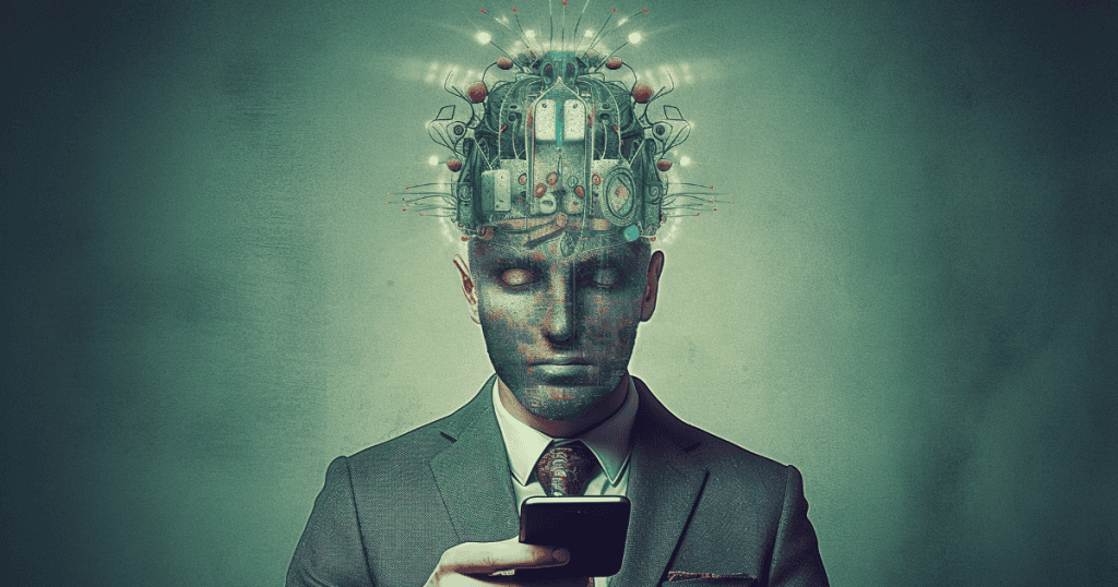 A man in a suit stares at his smartphone while a complex, futuristic brain apparatus sits atop his head, illustrating how modern scientific evaluation separates psychological facts from popular fiction.