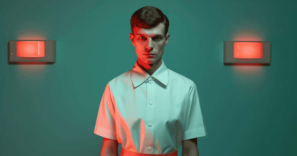 A man in a crisp white shirt stands between two glowing red alarm lights on a dark green wall, highlighting the psychological red flags that help bust common misconceptions.