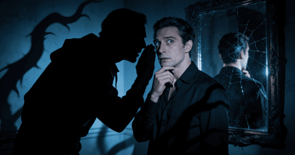 A dark silhouette whispers directly into the ear of an anxious-looking man standing next to a spiderweb-cracked mirror, visually illustrating the insidious betrayal behind the 5 things enablers do that make them more dangerous than the narcissist.