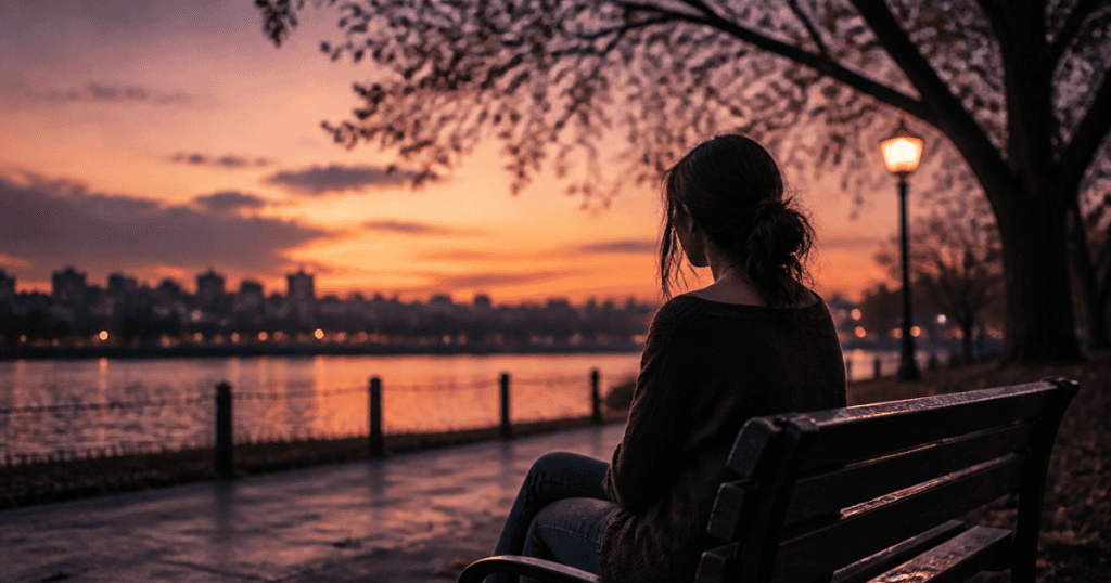 A woman sits alone on a park bench facing a vibrant sunset across a body of water, taking intentional time to process her feelings in a peaceful space.