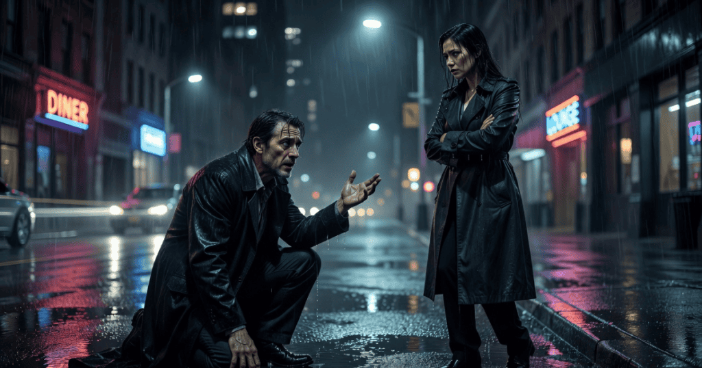 A man kneels pleadingly on a rain-slicked city street before a stoic woman with crossed arms, attempting to play the martyr by framing his own breach of trust as self-sacrificing heartbreak.