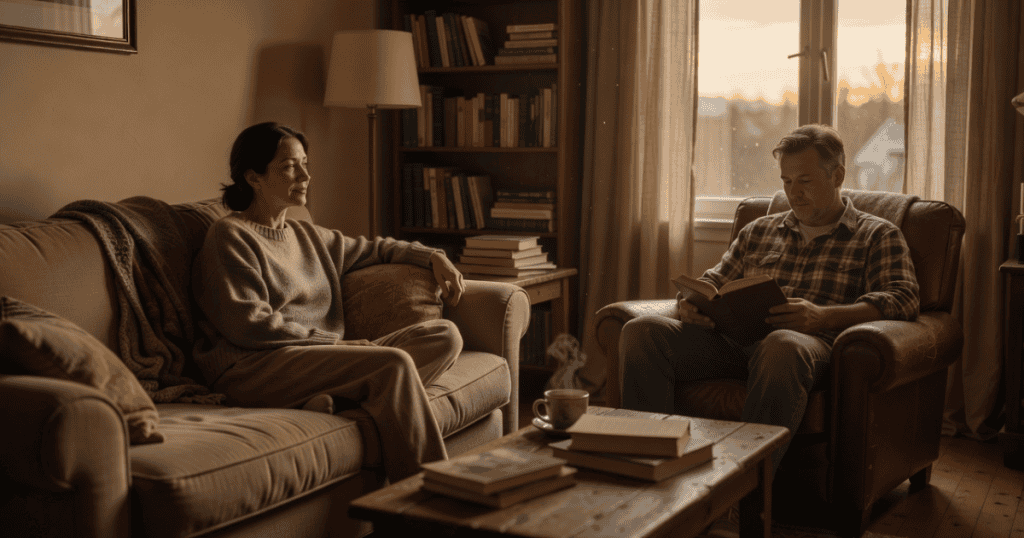 A woman sits peacefully on a sofa while a man reads in an armchair nearby, illustrating the ease of no longer absorbing emotional burdens that aren't yours to carry.