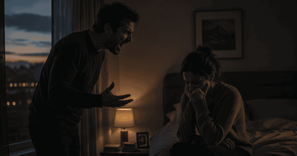 A man gestures aggressively and yells at a visibly distressed woman sitting on the edge of a bed, illustrating how destroying a connection is often the hidden cost of insisting on being right.