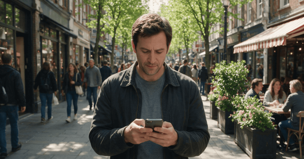 A man stands on a busy city sidewalk staring intently down at his smartphone, portraying the quiet confusion that sets in when expected emotional feedback is denied.