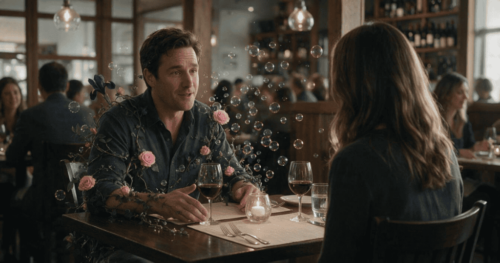 A man sits at a restaurant table surrounded by delicate flowers and floating bubbles, weaving an elaborate charm offensive to smooth over a shattered promise.
