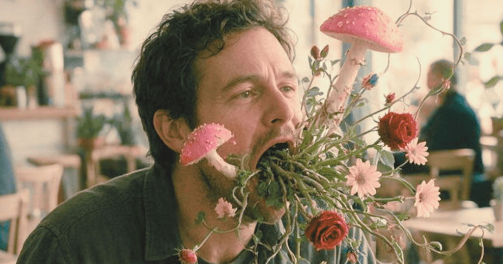 Wild vines, mushrooms, and colorful flowers sprout surrealistically from a man's open mouth, reflecting the tangled web of fanciful fabrications engineered to talk his way out of trouble.