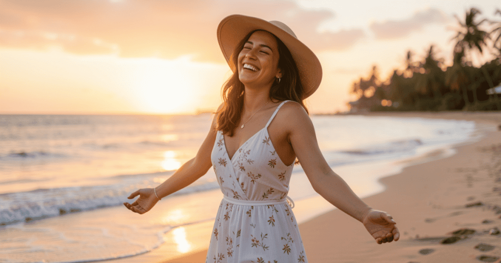 A laughing woman in a sundress and sun hat spins joyfully on a sunny beach, showcasing the vibrant and liberated life of a healed survivor.