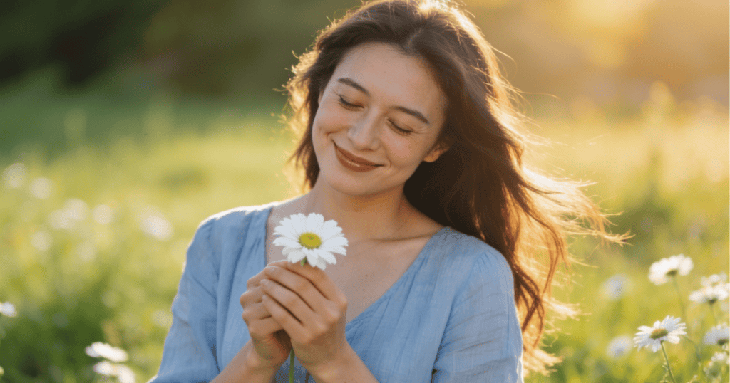A woman smiles gently with closed eyes as she holds a white daisy in a sunny meadow, embodying the quiet, instinctive self-preservation practiced long before it is consciously understood.