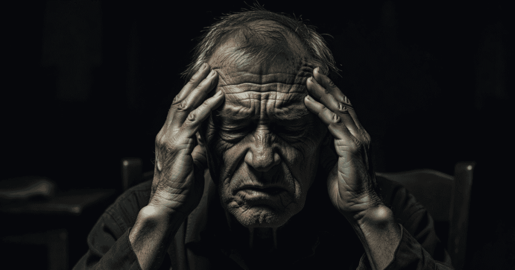 An elderly man sits in a dark room holding his temples with a deeply troubled expression, capturing the persistent struggle of failing to grasp the emotional maturity that age normally brings.
