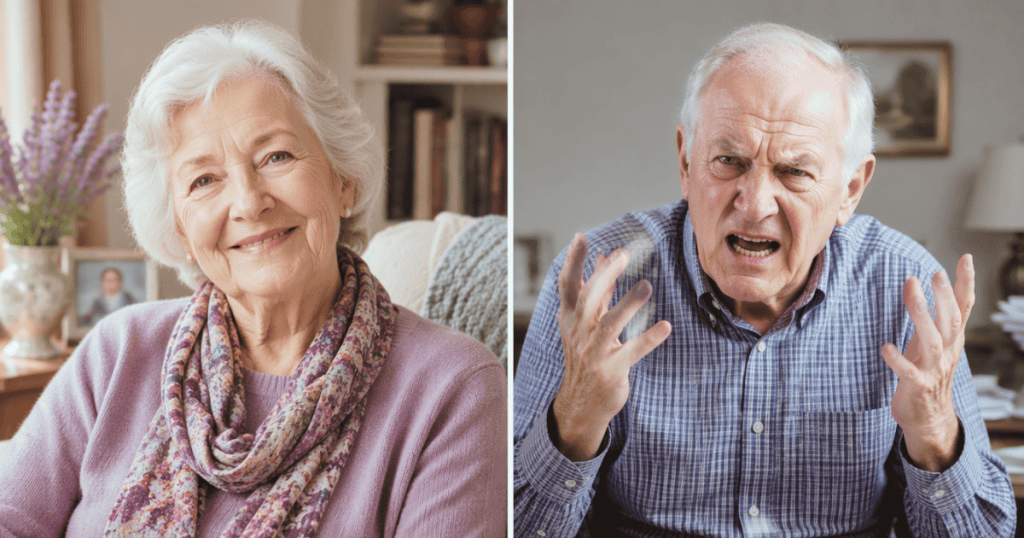 A side-by-side portrait contrast shows a serene, smiling elderly woman on the left and a frustrated, gesturing elderly man on the right, highlighting the stark difference in life paths that emotional growth creates.