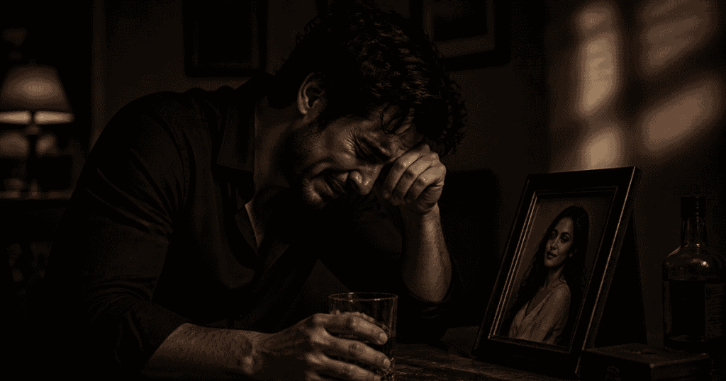 A man sits in a dark room weeping over a glass of whiskey while staring at a framed portrait, capturing the heavy weight of regret that arrives when a reality check can no longer be avoided.