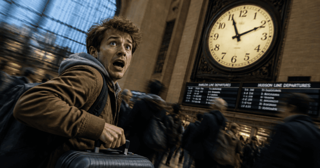 A panicked man carrying a suitcase looks back in terror beneath a massive train station clock, capturing the frantic panic of sensing that time is running out.