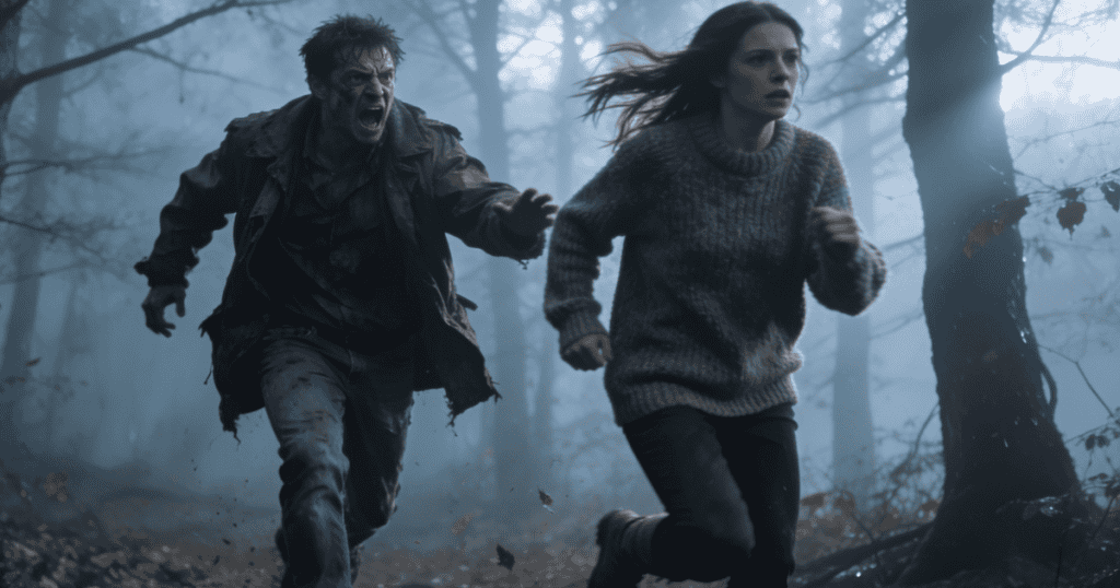 A distressed woman flees through a foggy, dense forest while an angry man chases close behind her, illustrating the desperate realization that her time under control is coming to an end.