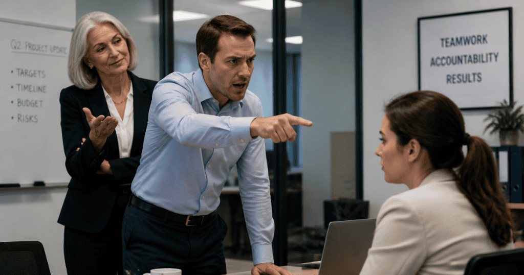 An angry man points aggressively at a coworker while another woman watches from behind, illustrating how easily a narrative can be twisted to shift blame.