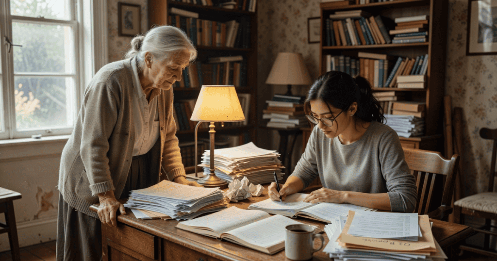 An older woman stands over a younger woman studying intently at a desk covered in paperwork, illustrating how personal challenges can provide an audience for a savior complex.