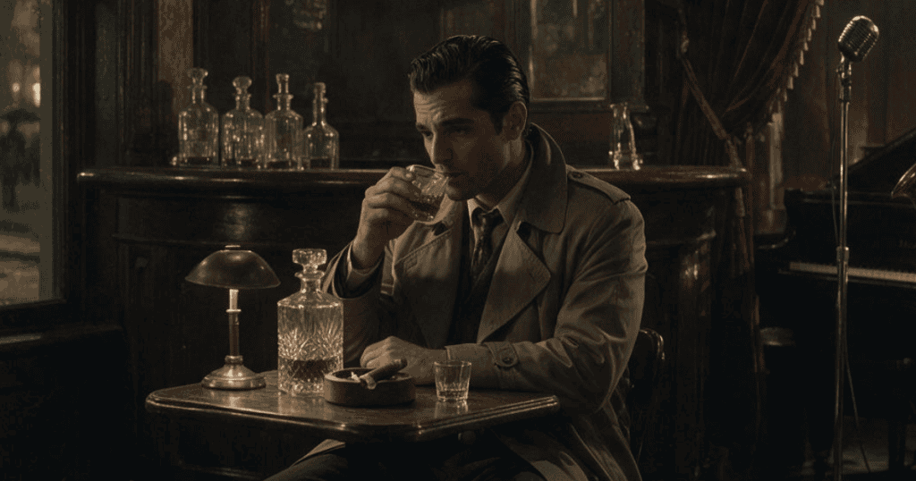 A man sits alone at a dark bar drinking a glass of whiskey in a trench coat, reflecting a quiet satisfaction drawn from another person's distress.