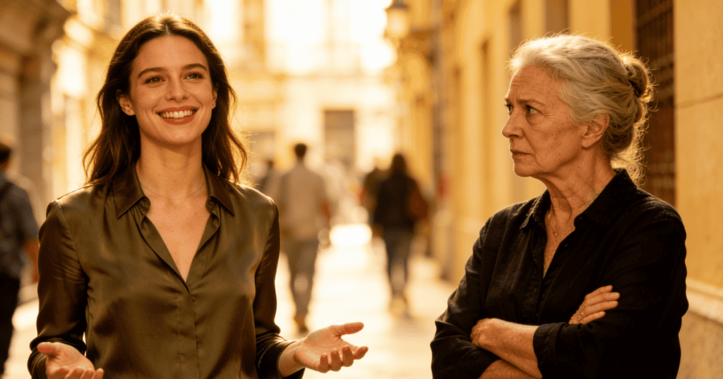 A young woman smiles warmly, while an older woman stands beside her with a harsh, disapproving glare that dampens the atmosphere.