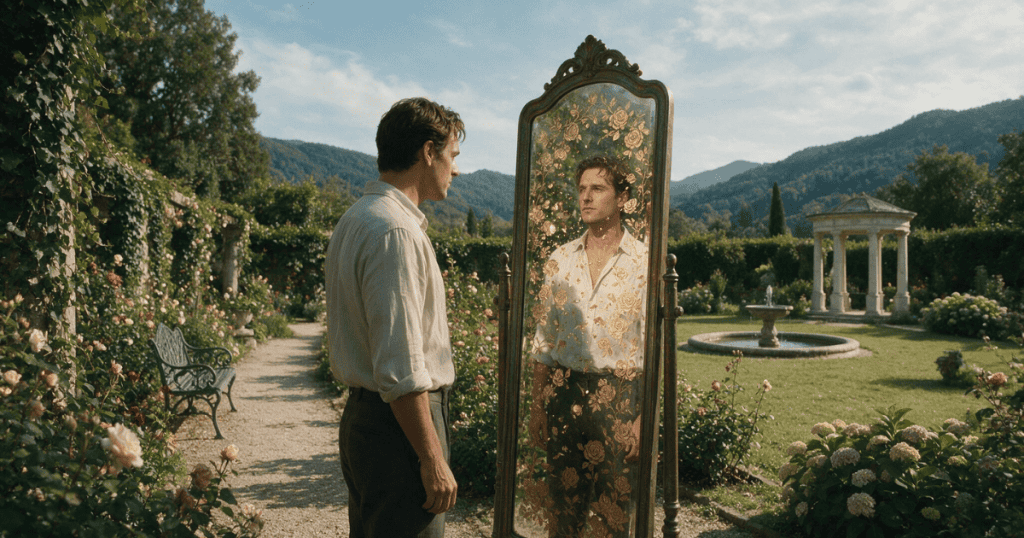 A man stands staring into a large gold-embellished mirror in a lush garden, fixated on an ideal self while overlooking the reality around him.