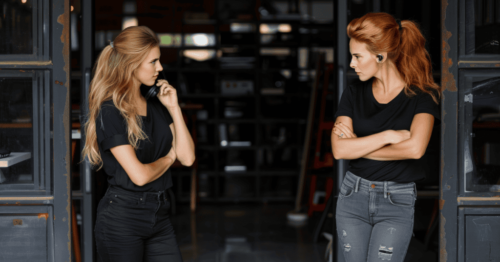 Two women facing each other with cold, guarded stances, showing how a narcissist turns even a friendship into quiet competition the moment you begin to shine brighter than them.