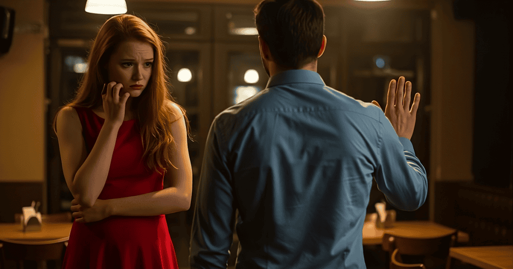 A man holding up a dismissive hand to a visibly distressed woman, depicting the classic gaslighting tactic narcissists use to make their partner doubt their own reality when confronted about cheating.