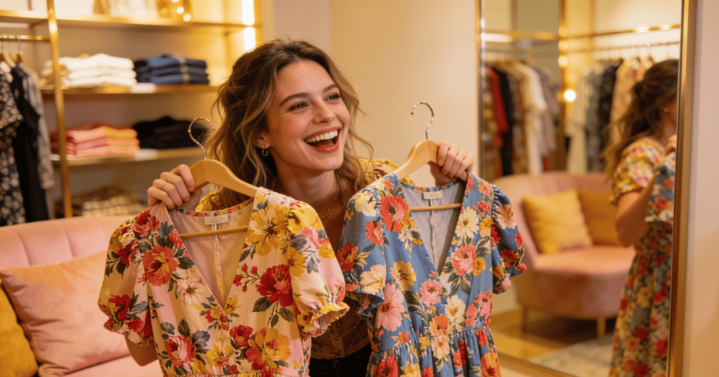 A smiling woman happily holds up two colorful, floral-patterned dresses in a brightly lit clothing boutique, finding immediate joy in choosing an outfit that truly reflects her inner self.