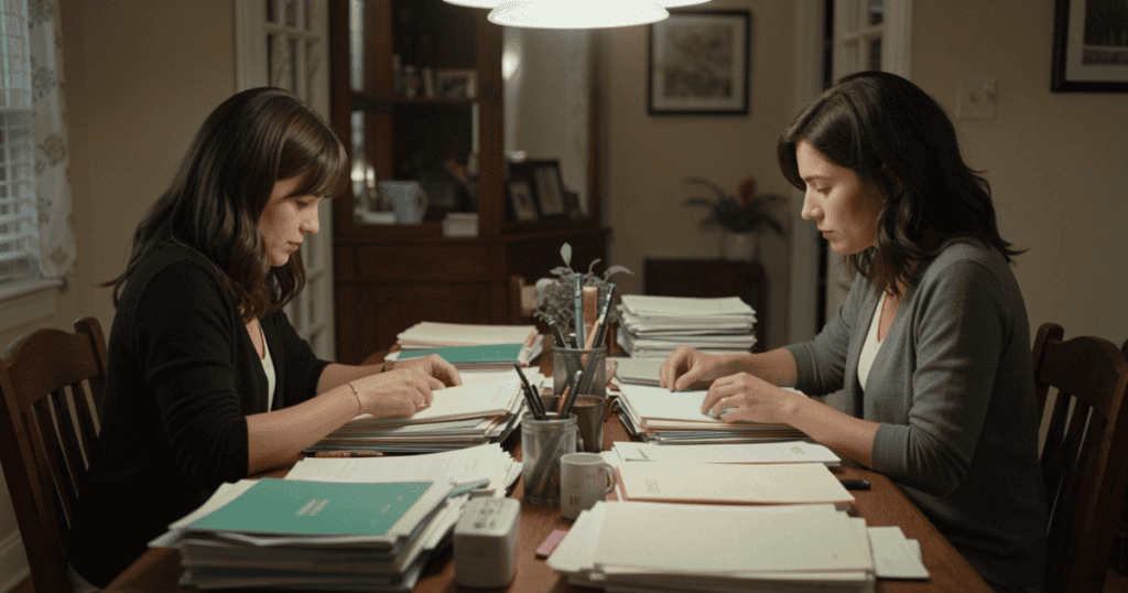 Two women sit across from each other at a wooden table reviewing stacks of colorful files, capturing a diligent focus on uncovering truth amidst mountains of evidence.