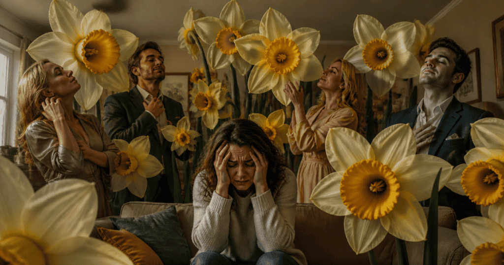 A woman sits on a couch holding her head in anguish while surrounded by giant yellow daffodils and self-absorbed people posing around her, visually portraying the suffocating weight of being submerged in an environment driven purely by vanity and ego.