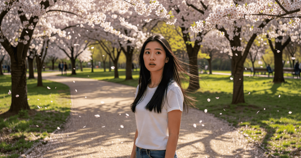 A young woman stands thoughtfully along a park path surrounded by falling cherry blossom petals, remaining clear-eyed amidst the delicate curtain designed to preserve a polished facade.