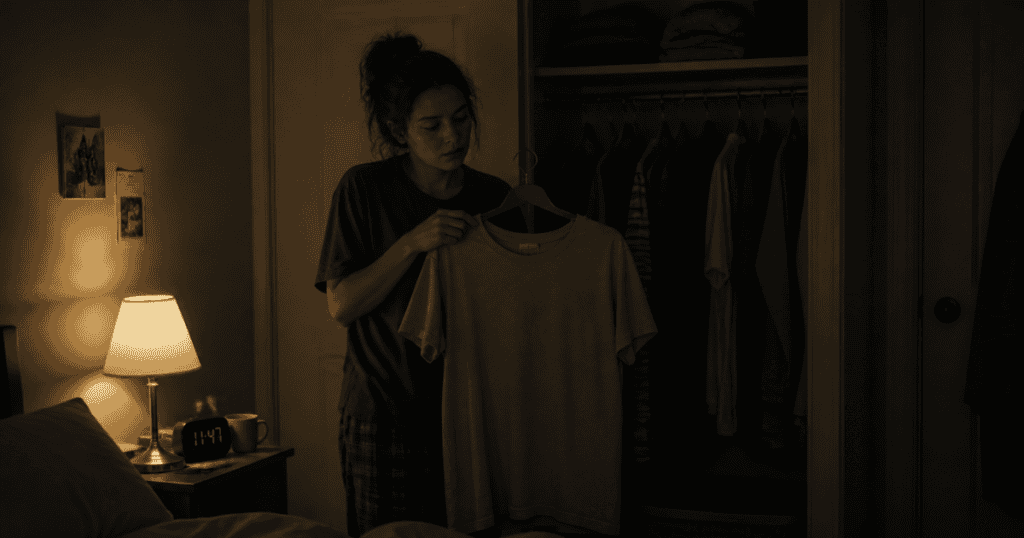 A somber woman stands in a dimly lit bedroom holding a plain grey t-shirt, looking uncertainly at the garments as if trying to recognize the person they belong to.