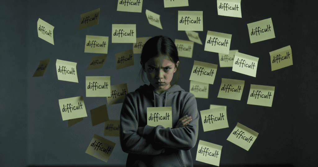 A young girl stands defensively with crossed arms as yellow sticky notes labeled "difficult" float around her, representing the emotional weight of being targeted by a coordinated family effort to label you.