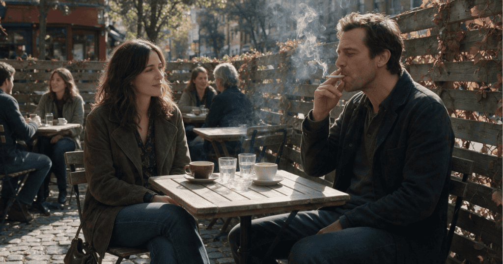 A man exhales cigarette smoke across an outdoor coffee table while a woman sits opposite him, illustrating how indifferent habits continually force unwanted environmental hazards onto someone else.