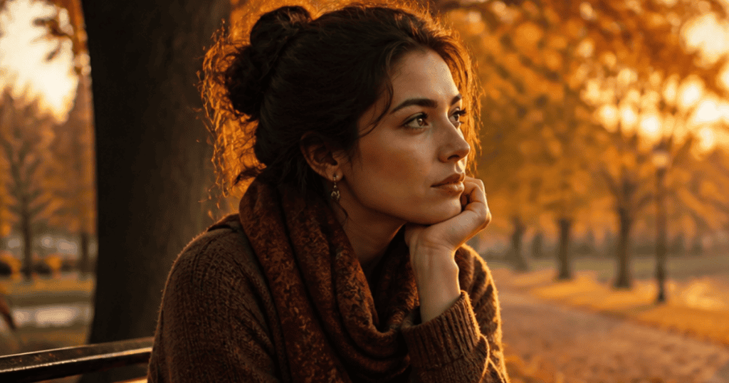 A thoughtful woman rests her chin on her hand while gazing into the distance on an autumn afternoon, reflecting the quiet self-examination needed to gain clarity about your true nature.