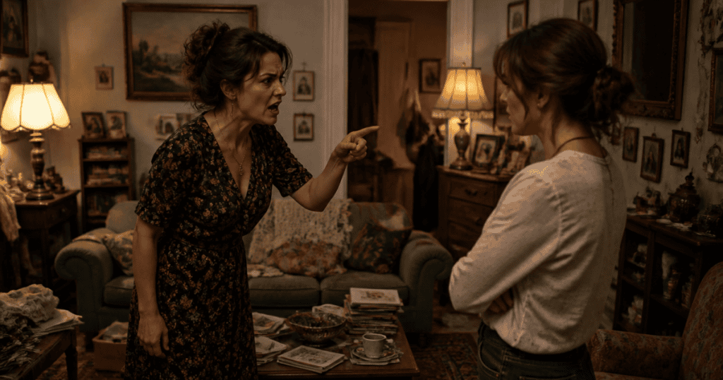 A woman yells and points accusingly at another woman standing her ground, illustrating the emotional weight of maintaining personal boundaries against hostility.