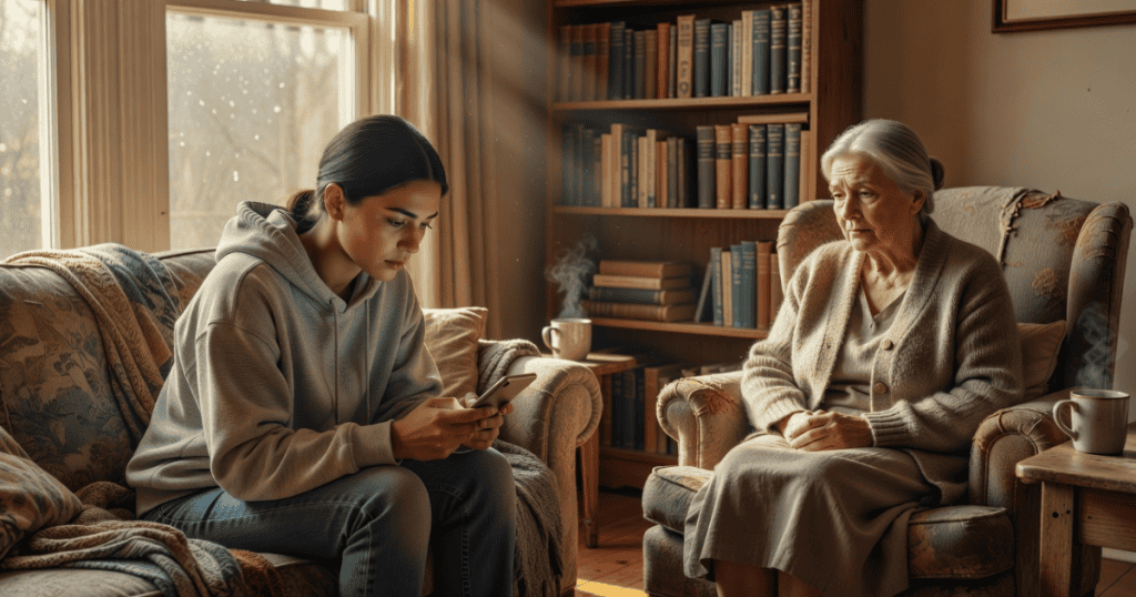 A young woman stares intently at her smartphone while sitting on a sofa next to an elderly woman staring blankly ahead, highlighting a quiet emotional disconnect within a shared space.