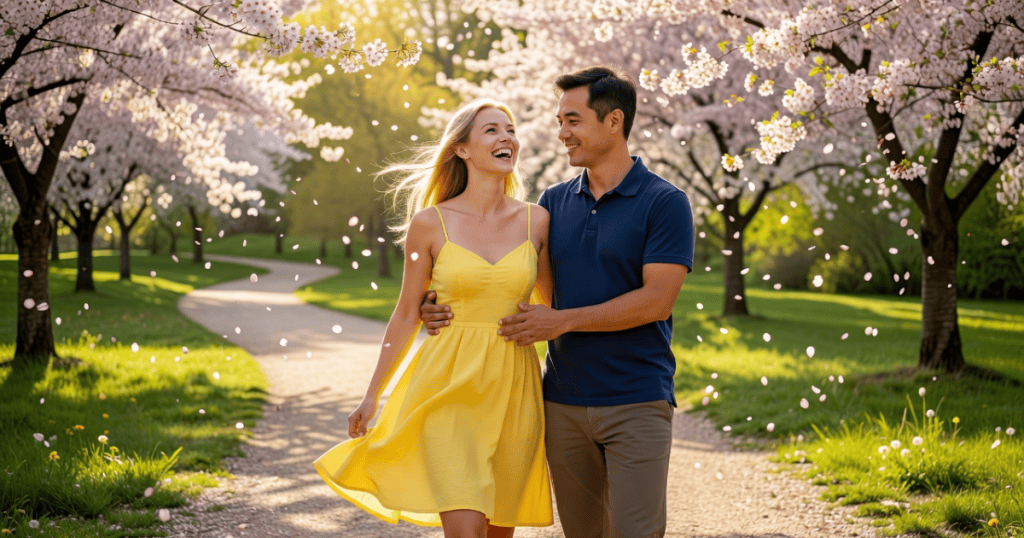 A cheerful couple holding hands walks down a scenic pathway under blooming cherry blossom trees, capturing a bright, restorative phase of life that shows you how to stop paying.