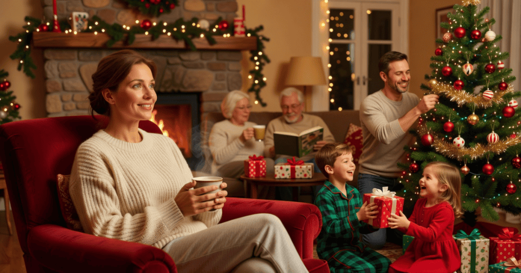 A woman rests comfortably in an armchair with a hot beverage while her family decorates a Christmas tree nearby, realizing that missing someone doesn't negate the healthy environment she has chosen.