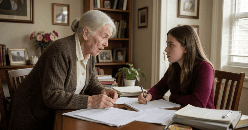 An elderly woman leans over a wooden table to talk to a young girl writing on a piece of paper, capturing the dynamic of family influence without placing sole blame on caretakers.