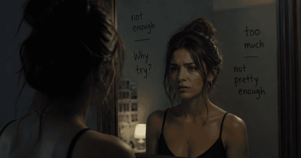 A sad woman looks into a dark mirror written over with critical phrases, capturing the painful self-doubt and internal insecurity left behind by constant judgment.