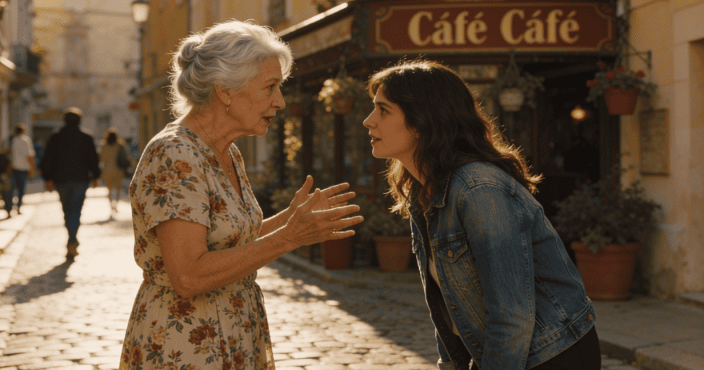 An elderly woman gestures expressively while speaking closely to a younger woman outside a café, illustrating how easily a destructive rumor can be disguised as a concerned conversation.