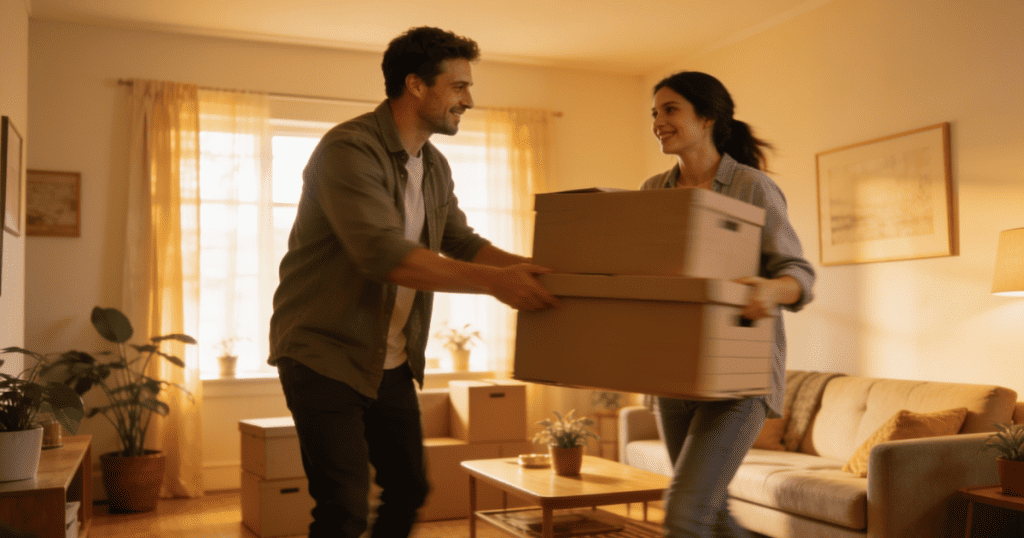 A smiling man hands a stack of heavy cardboard moving boxes to a woman in a warm living room, symbolizing an active transition toward building a fresh life.