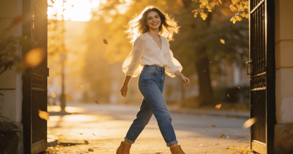 A smiling woman walks confidently through an open iron gate into a sunlit street filled with falling autumn leaves, symbolizing the liberating reality of replacing illusions with hard facts.