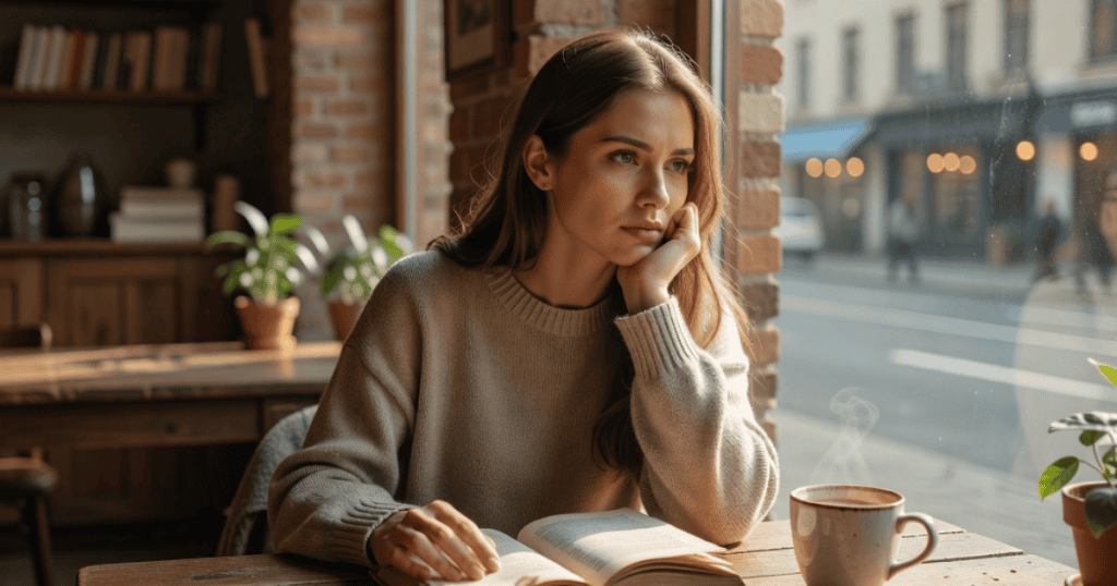 A pensive woman rests her chin on her hand while looking out a café window, reflecting on how easily people accept convenient falsehoods rather than looking for the truth.
