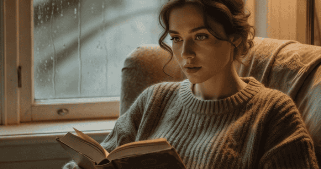 A peaceful woman sits wrapped in a knit sweater while reading a book by a rain-swept window, embodying the quiet choice to prioritize your own tranquility even when others choose to believe falsehoods.