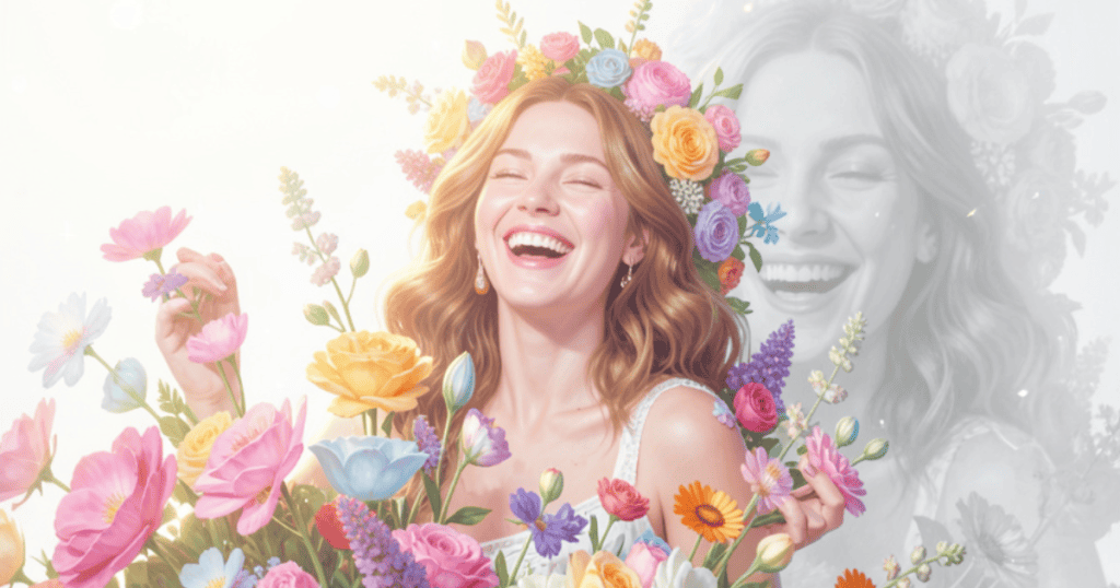 A woman laughs radiantly under a vibrant crown of flowers, celebrating the freedom found when you finally step out of the exhausting role of the misunderstood casualty.