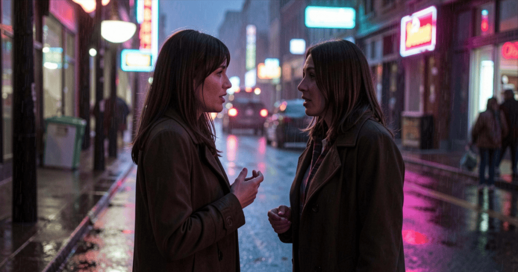 Two women talk quietly on a rainy city street at night beneath glowing neon signs, highlighting how much easier it is to focus on rumor-spreading than to look inward at one's own character.