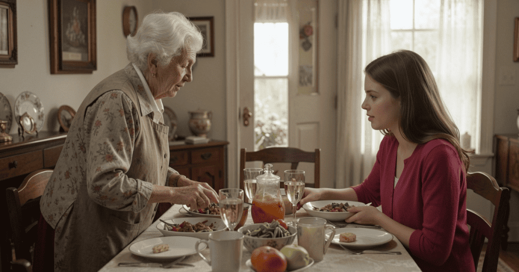 An elderly woman serves a meal to a younger woman sitting quietly across from her, capturing the quiet longing for a past version of a relationship to return.