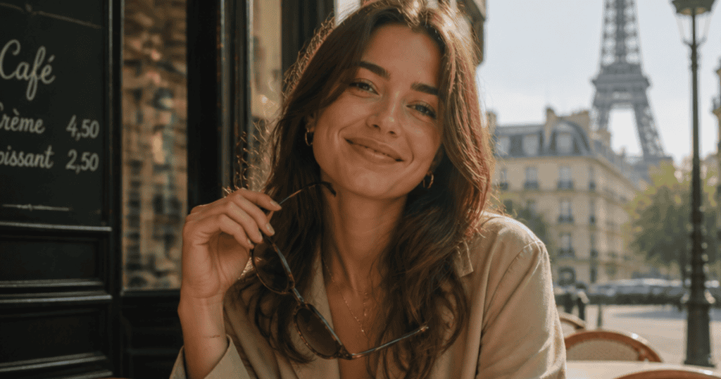 A woman smiles cheerfully at a Parisian outdoor cafe while holding her sunglasses, representing the charming persona displayed to the world rather than the private reality.