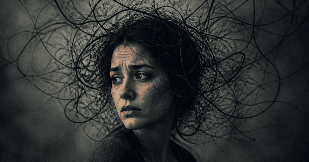 A distressed woman stands surrounded by a dark tangle of wire-like branches framing her head, reflecting the overwhelming weight of feeling trapped inside an intricate mental web.